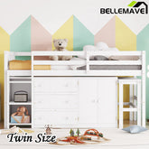 Bellemave® Twin Size Low Loft Bed With Pull - Out Desk, Drawers, Cabinet, and Shelves - Bellemave